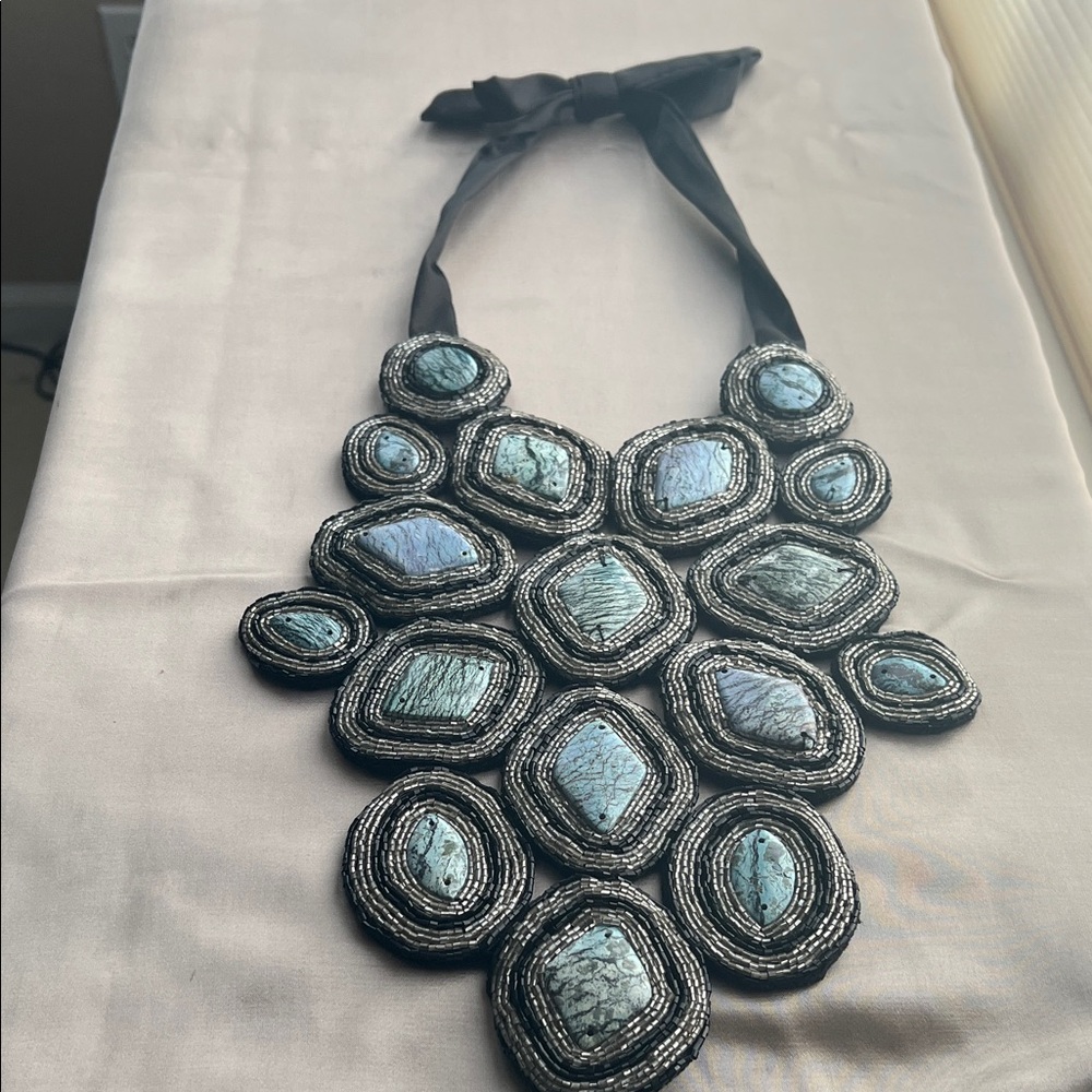 Vintage Bib Style Necklace in Blue stone adorned with black and silver beads